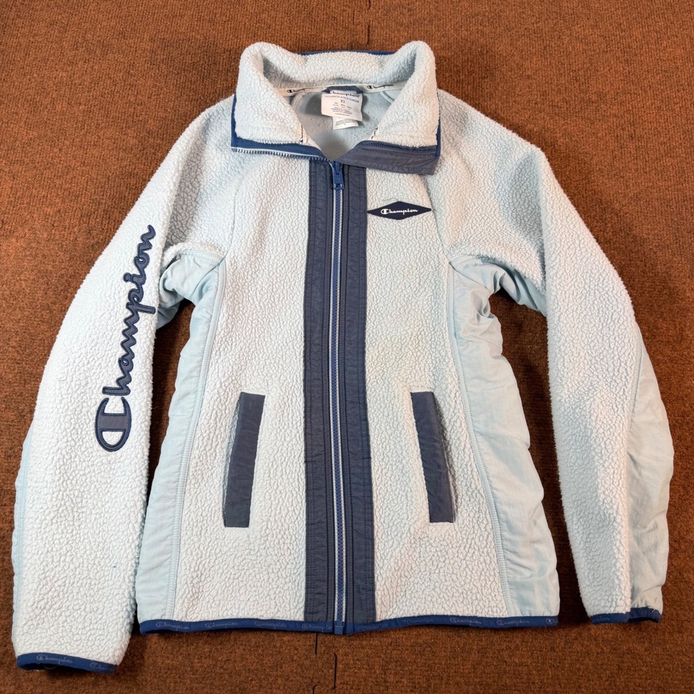 A+ Champion Womens Full Zip Sherpa Fleece Jacket Light Blue Navy XS J7452 8BY